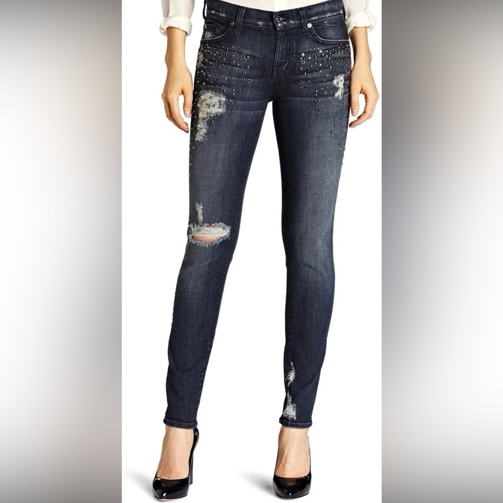 7 For All Mankind Dark Wash Distressed Stud Rhinestone Cigarette Slim Jeans - 31
